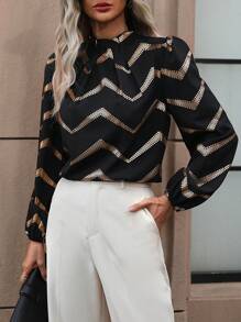 SHEIN Clasi 鋸齒形印花燈籠袖褶邊小高領襯衫 - 黑色 - 查看 3