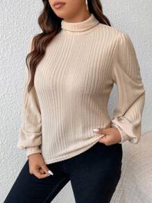 SHEIN Frenchy Plus Solid Lantern Sleeve Ribbed Tee - Apricot - View 5