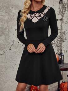 SHEIN Clasi Halloween Geo Print A-line Dress - Black - View 5