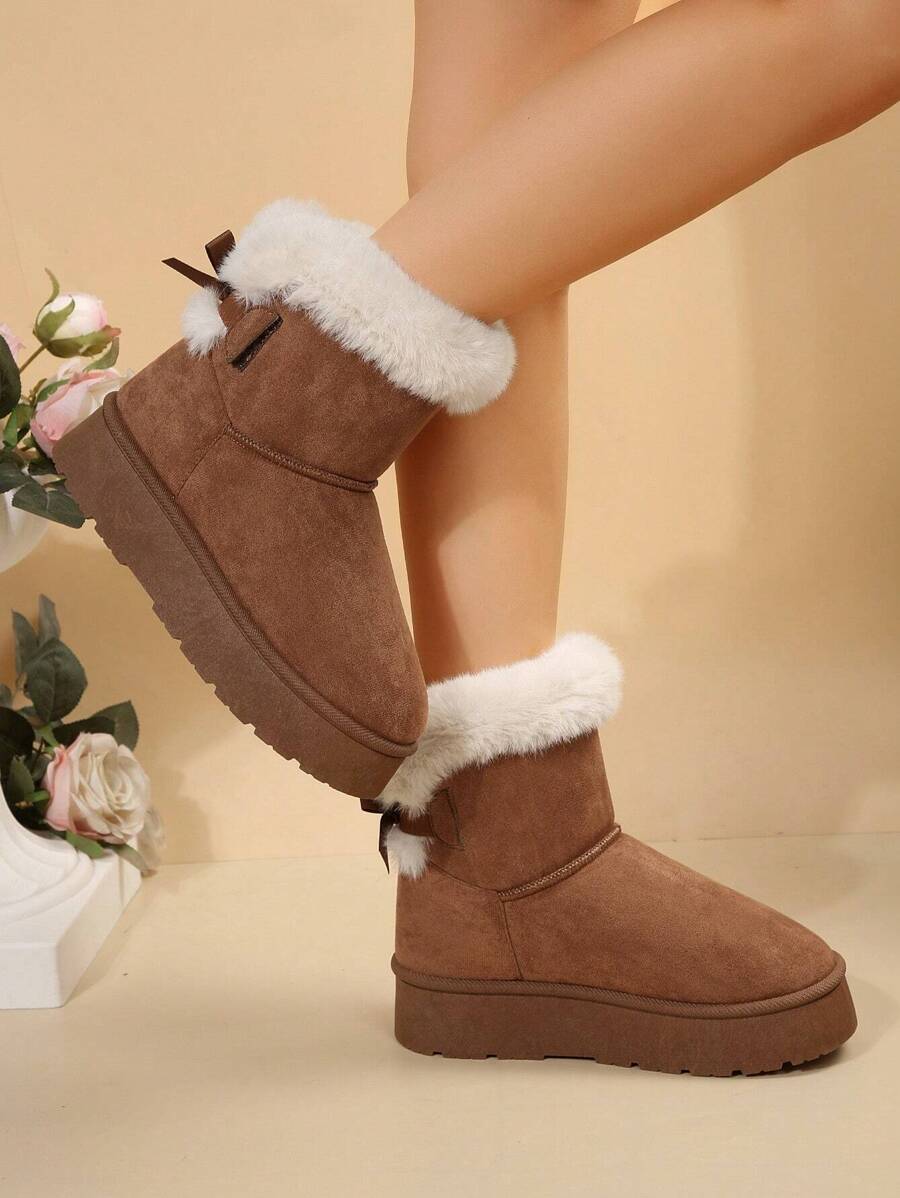 Giày bốt đi tuyết đế dày cổ cao mùa đông 2025 dành cho nữ có nơ, giày bốt đi tuyết buộc dây ấm áp, giày bốt lông