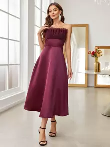 SHEIN Belle 勃艮第红色纯色褶饰胸围抹胸鸡尾酒会礼服婚礼宾客礼服，半正式礼服 - 酒紅色 - 查看 4