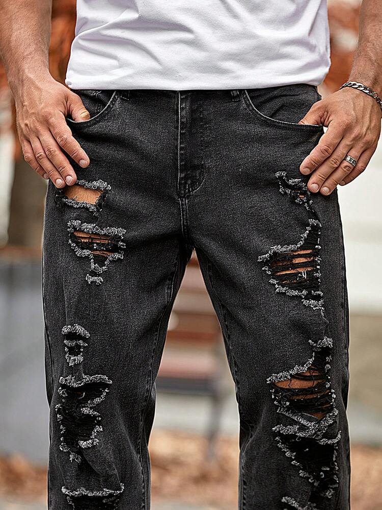 Men Ripped Straight Leg Jeans