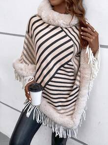 EMERY ROSE Suéter capa con patrón de rayas ribete lanudo - Beis - Ver 4