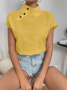 SHEIN Privé Blusa de cuello alto con diseño de botón de manga murciélago