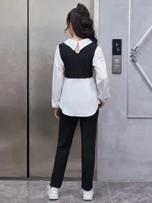 Teen Girls Two Tone 2 In 1 Blouse & Pants - Black and White - View 2