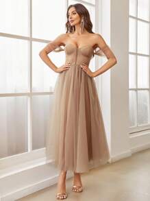 SHEIN Belle Off Shoulder Mesh Overlay Dress - Khaki - View 1