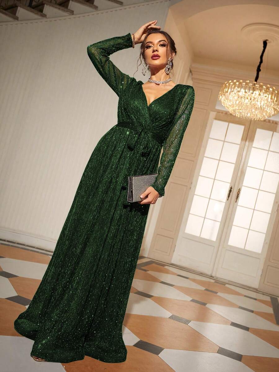 Women's Elegant Overlapping V-Neck Glittery Mesh Long Sleeve Dress Party Dress Wedding Guest Dress Formal Dress Evening Dress - Dark Green - View 1