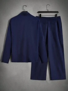 GENTILAND 宽松男士翻领系带侧边上衣和裤子套装 - 藏蓝色 - 查看 2