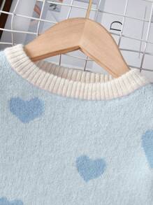 SHEIN Young Girl Heart Pattern Sweater & Flare Leg Knit Pants - Blue - View 3