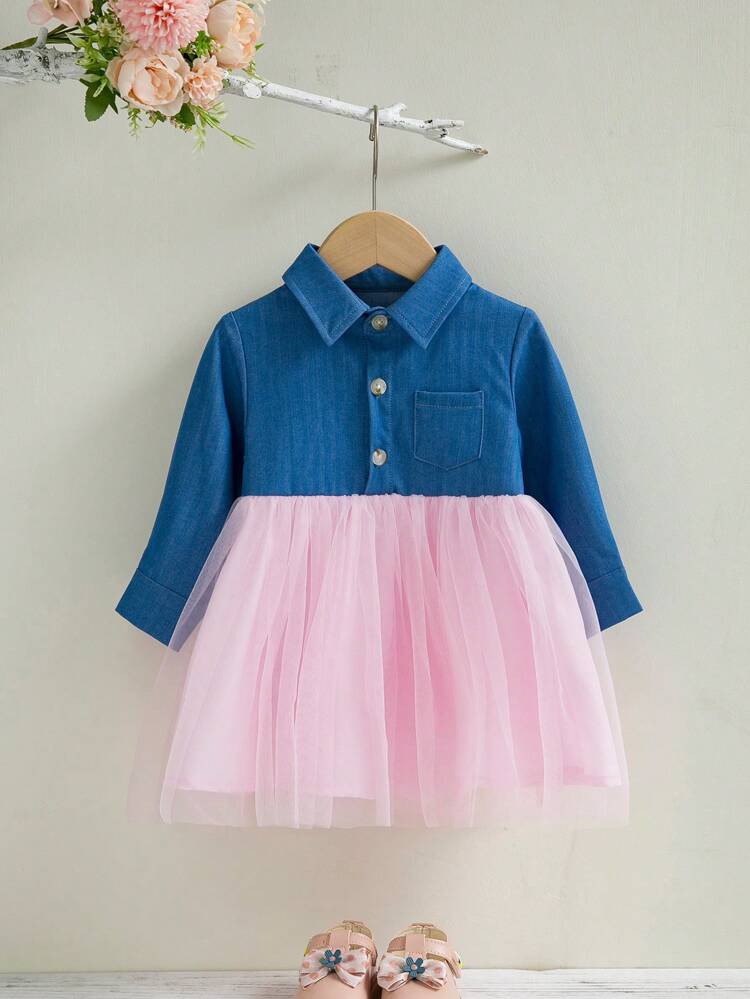 Baby Girl Two Tone Mesh Hem Shirt Dress