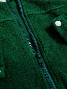 Young Boy Letter Patched Detail Drawstring Waist Flap Detail Zip Up Teddy Coat for Christmas - Green - View 3