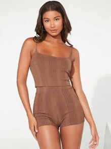 SHEIN BASICS 素色吊帶上衣&騎行褲套裝 - 棕色 - 查看 7