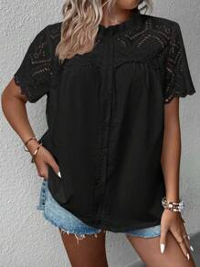 SHEIN Clasi Plus Contrast Guipure Lace Frill Neck Blouse - Black - View 3