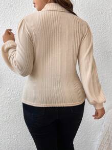 SHEIN Frenchy Plus Solid Lantern Sleeve Ribbed Tee - Apricot - View 2