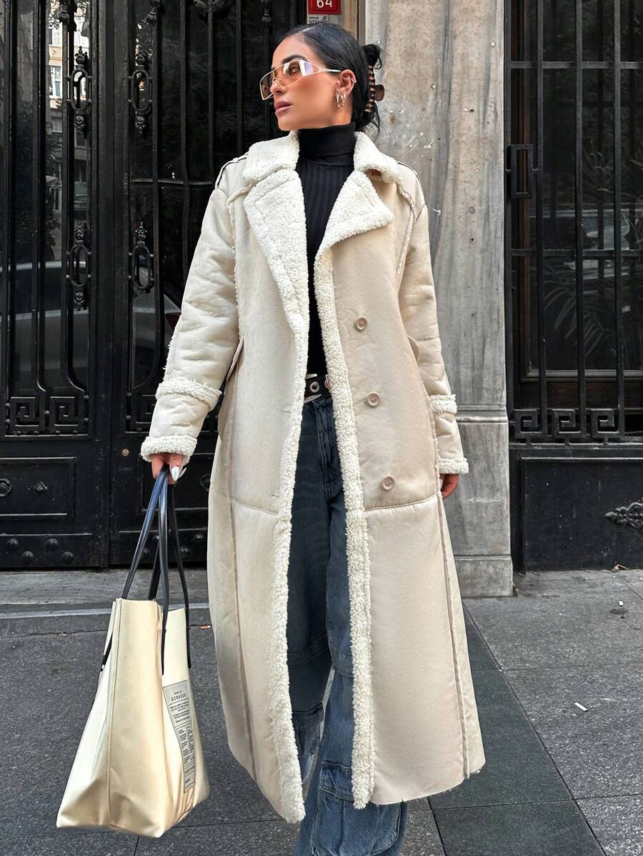 RueChic Lapel Neck Drop Shoulder Longline Coat - Beige - View 1