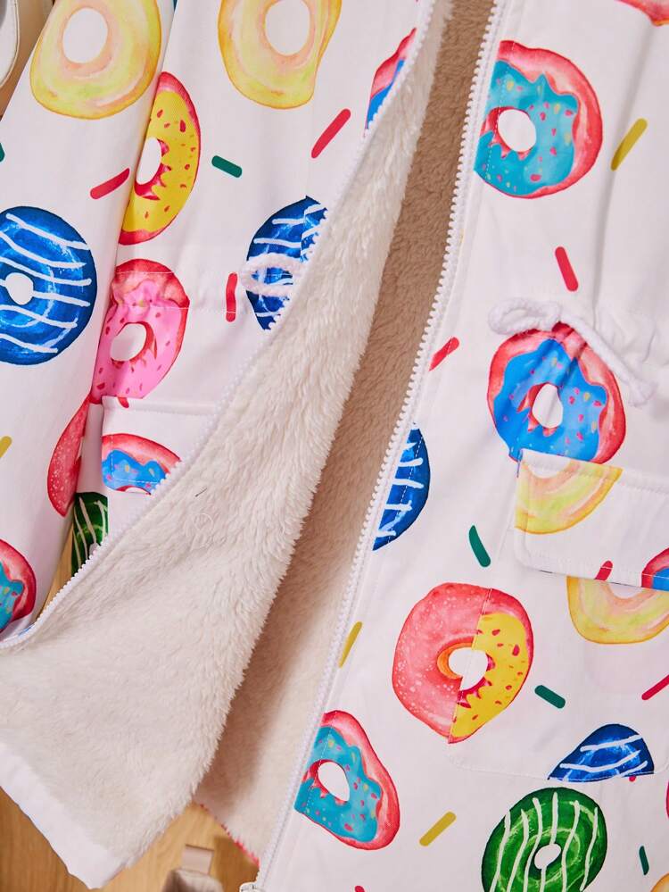 Tween Girl Donut Print Fuzzy Trim Hooded Thermal Lined Padded Coat