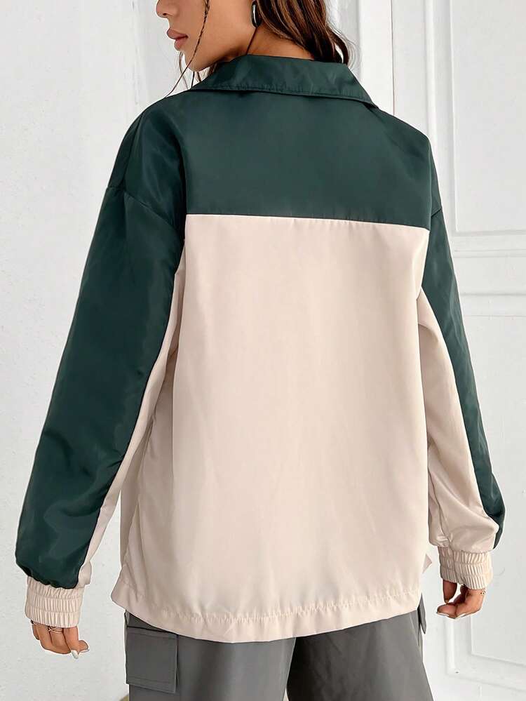 Two Tone Letter Patched Zip Up Coat