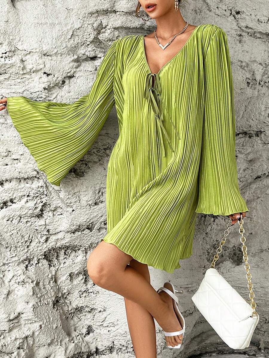 SHEIN Privé Tie Trước Xếp li Tay áo kèn  Plisse Đầm - màu xanh lá - Xem 1