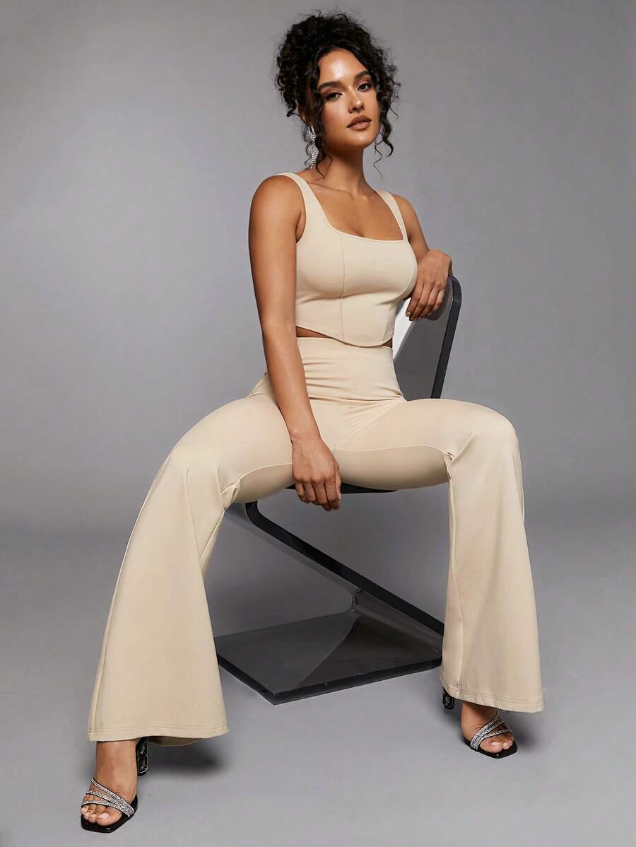 SHEIN BAE 素色短款背心&喇叭褲 - 米色 - 查看 1