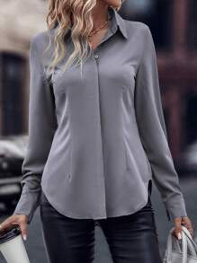 EMERY ROSE Solid Curved Hem Shirt,Long Sleeve Tops Fall Cloth For Women - Grey - View 4