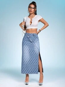 SHEIN ICON Allover Print Split Thigh Denim Skirt - Blue - View 4