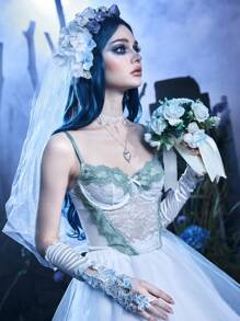 ROMWE Goth 拼接蕾絲緊身吊帶 - 白色 - 查看 1