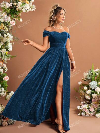 Off Shoulder Split Thigh Glitter Bridesmaid Dress Elegant Formal Evening Prom Wedding Guest Gown, For Graduation, Dinner Party Dress