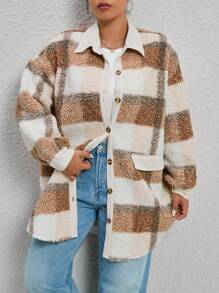 SHEIN EZwear Hơn In kẻ sọc Thả vai Áo khoác Teddy - Màu Khaki - Xem 6