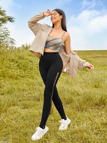 Lifespree Cắt ra Thắt lưng băng rộng Quần Xà cạp thể thao - màu đen - Xem 3