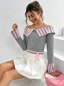 SHEIN Unity Jersey crop con patrón de rayas de hombros descubiertos doblado - Gris - Ver 5