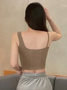 DAZY Chất rắn Viền không đối xứng Crop Tank Top - Màu Khaki - Xem 4