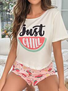 Watermelon & Letter Graphic Tee & Shorts PJ Set - Multicolor - View 3