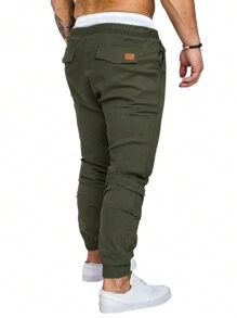 Manfinity Homme Loose Fit Men's Patchwork Detail Drawstring Waist Pants, For Fall - Army Green - View 2