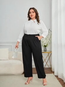 SHEIN Privé بنطلون تفاصيل خياطة جيب مائل مقاس كبير - الأسود - مشاهدة 6