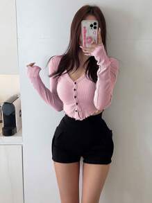 DAZY 實色鈕扣前短袖t恤 - 藕粉色 - 查看 1