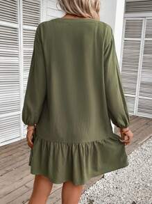 SHEIN LUNE Vestido smock unicolor con botón delantero bajo con fruncido - Verde militar - Ver 2