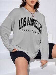 SHEIN Essnce Plus Letter Graphic Drop Shoulder Tee - Light Grey - View 3