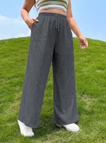 SHEIN EZwear 大碼腰部抽繩闊腿褲 - 灰色 - 查看 1