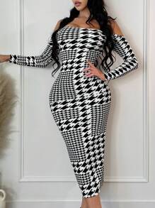 SHEIN SXY Vestido ajustado con estampado de pata de gallo de hombros descubiertos de espalda abierta - Blanco y Negro - Ver 4