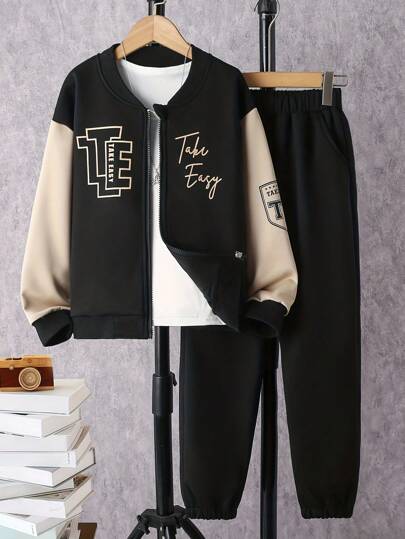 Garoto pré-adolescente Gráfica Letra Dois Tons Jaqueta Bomber & Calças de Treino Sem Camiseta