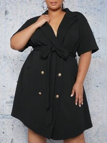 SHEIN CURVE+ Plus Lapel Neck Double Breasted Belted Blazer Dress - Black - View 1