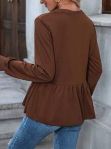 SHEIN LUNE Solid Ruffle Hem Tee - Chocolate Brown - View 2