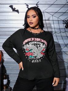 SHEIN Coolane 大碼鷹和字母圖案落肩袖T恤 - 黑色 - 查看 6