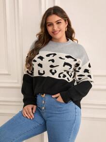 SHEIN Frenchy 大碼豹紋圖案撞色落肩袖套頭毛衣 - 彩色 - 查看 7