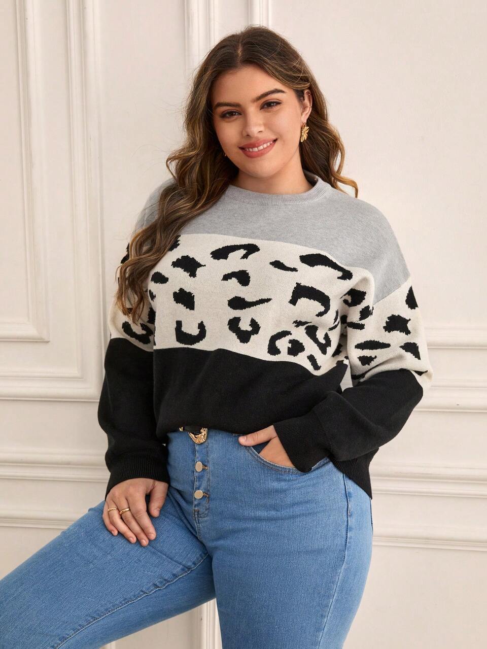 Plus Leopard Pattern Colorblock Drop Shoulder Sweater