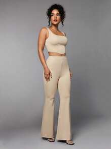 SHEIN BAE 素色短款背心&喇叭褲 - 米色 - 查看 4