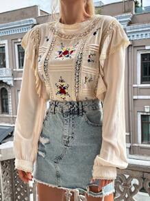 SHEIN Cottnline Floral Embroidery Ruffle Trim Flounce Sleeve Blouse - Beige - View 5