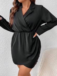 SHEIN Frenchy Plus Lapel Neck Wrap Hem Dress - Black - View 4