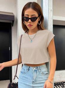 SHEIN Unity 素色蝙蝠袖短款T恤 - 卡其色 - 查看 6