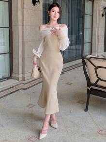 DAZY 露肩灯笼袖鱼尾连衣裙，生日、新年、舞会优雅礼服，秋季长袖连衣裙，婚礼女装，长款连衣裙 - 杏色 - 查看 5